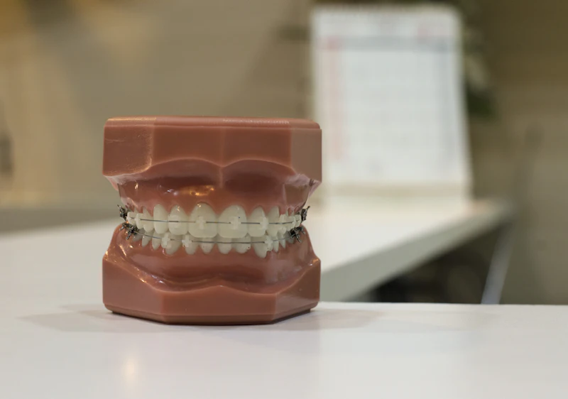 A teeth model with metal braces on both rows
