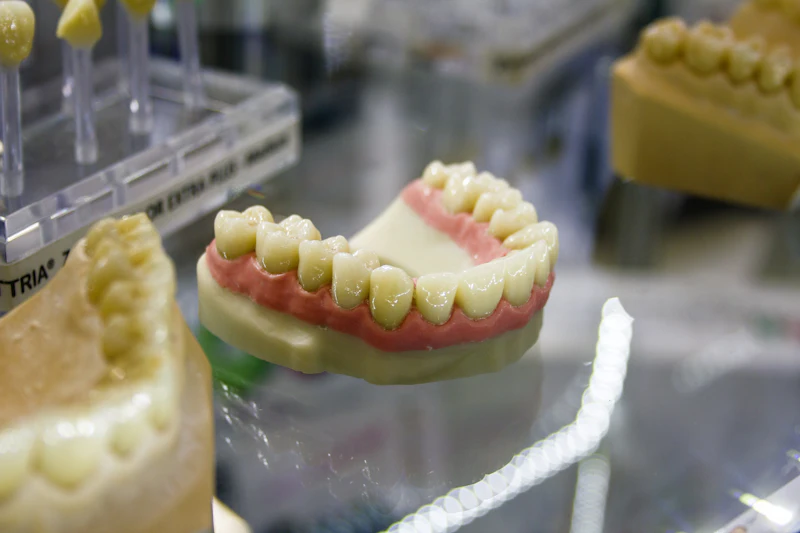 Model teeth on a dental lab bench, where caps and bridges are made