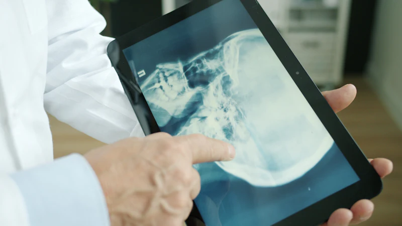 A doctor pointing at an X-ray of the jaw and teeth on a tablet